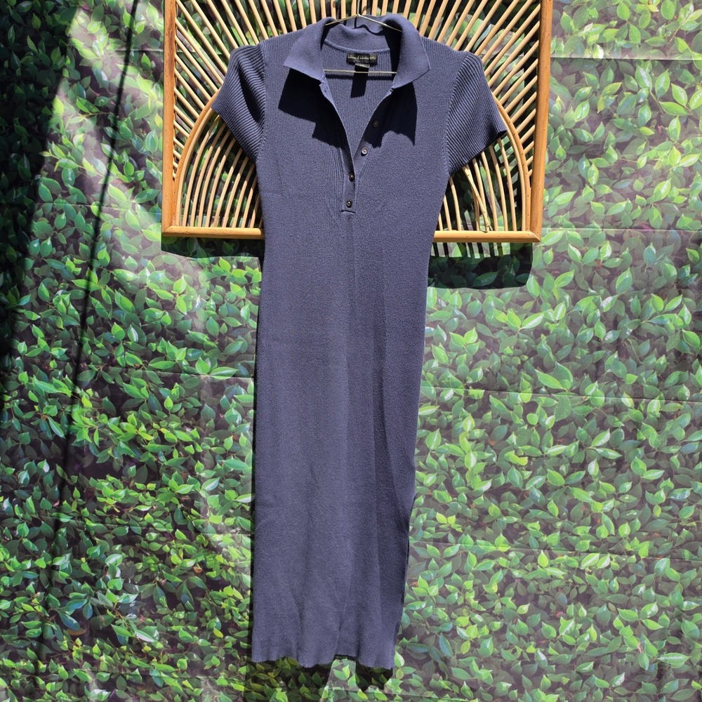House of Harlow 1960 Ribbed Polo Midi Dress Charcoal Blue Side Slit Medium
